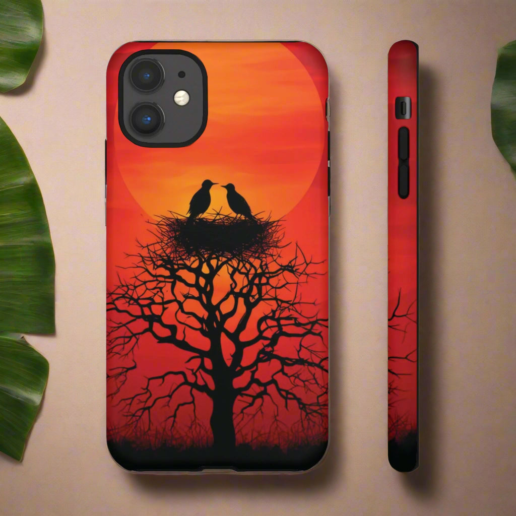 Phone Case Two Birds on a Nest - Red Sunset Background - Nature Wall Art - Romantic Bird Scene