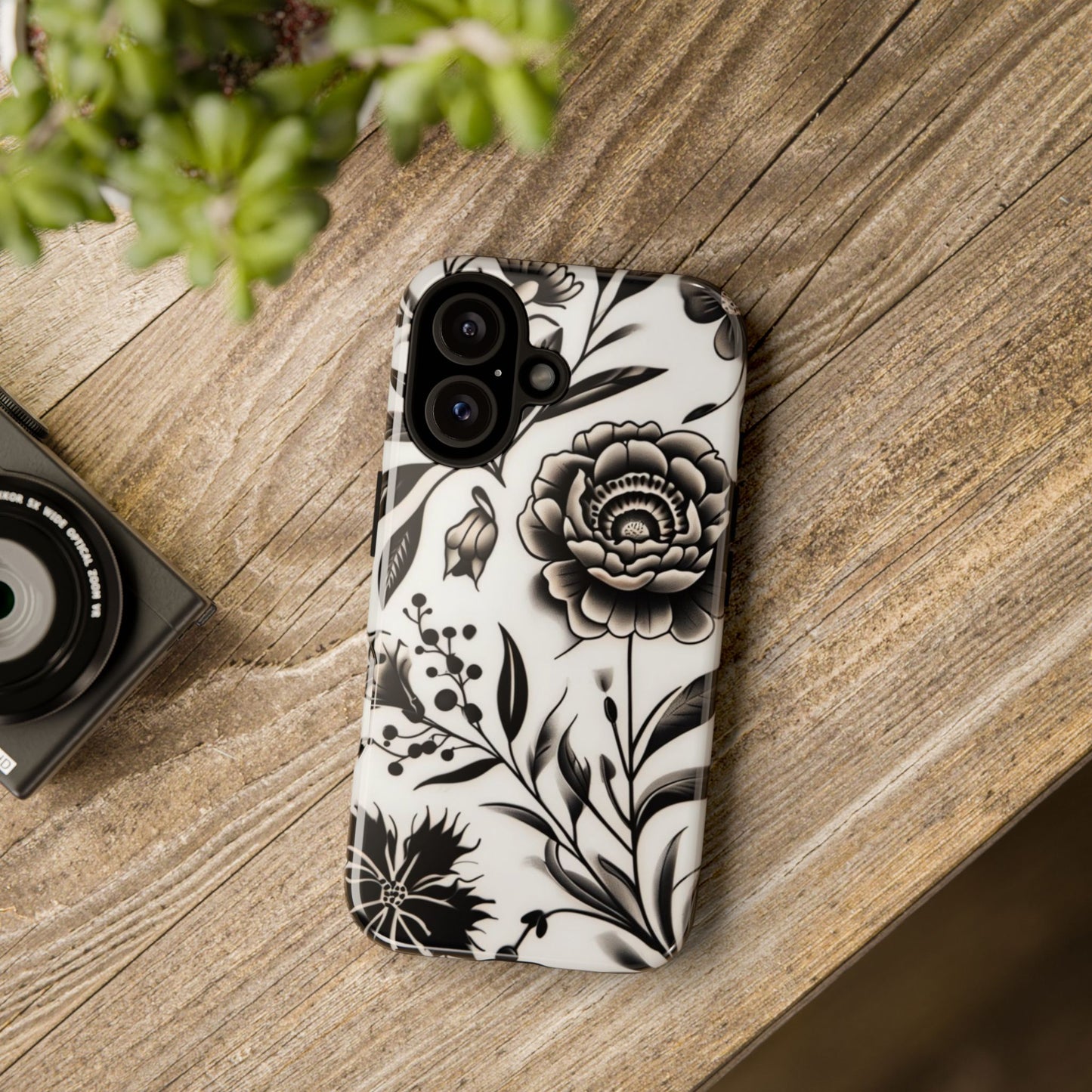 Phone Case Elegant Black and White Floral – Stylish Protection for iPhone 12/16 and Samsung 22/25