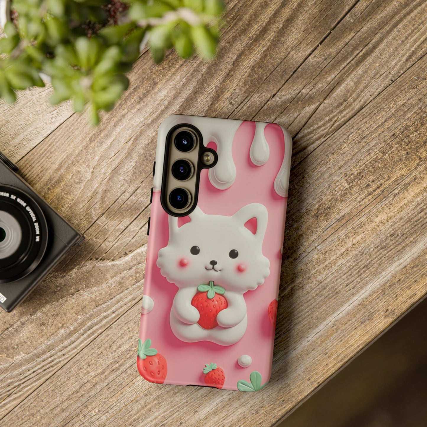 Adorable Cat Phone Case – Pink with Strawberry Design