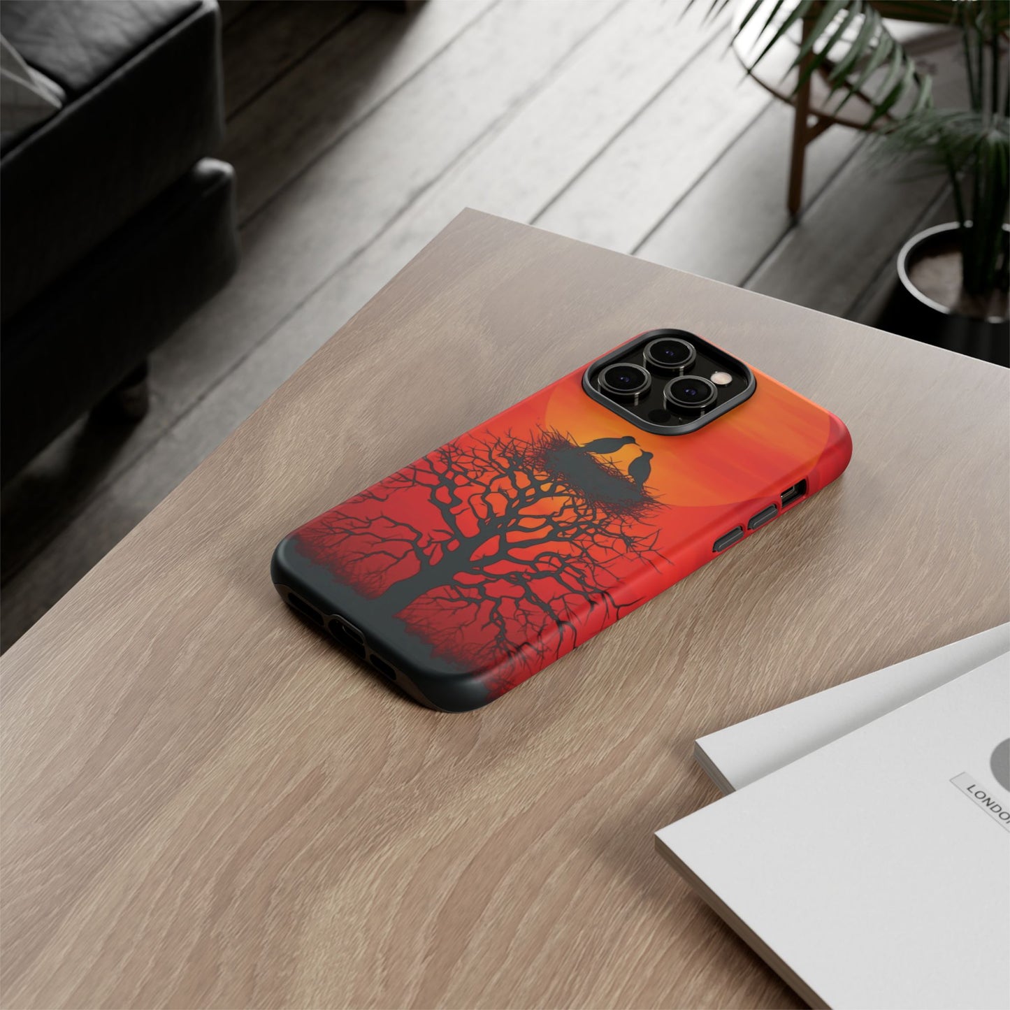 Phone Case Two Birds on a Nest - Red Sunset Background - Nature Wall Art - Romantic Bird Scene