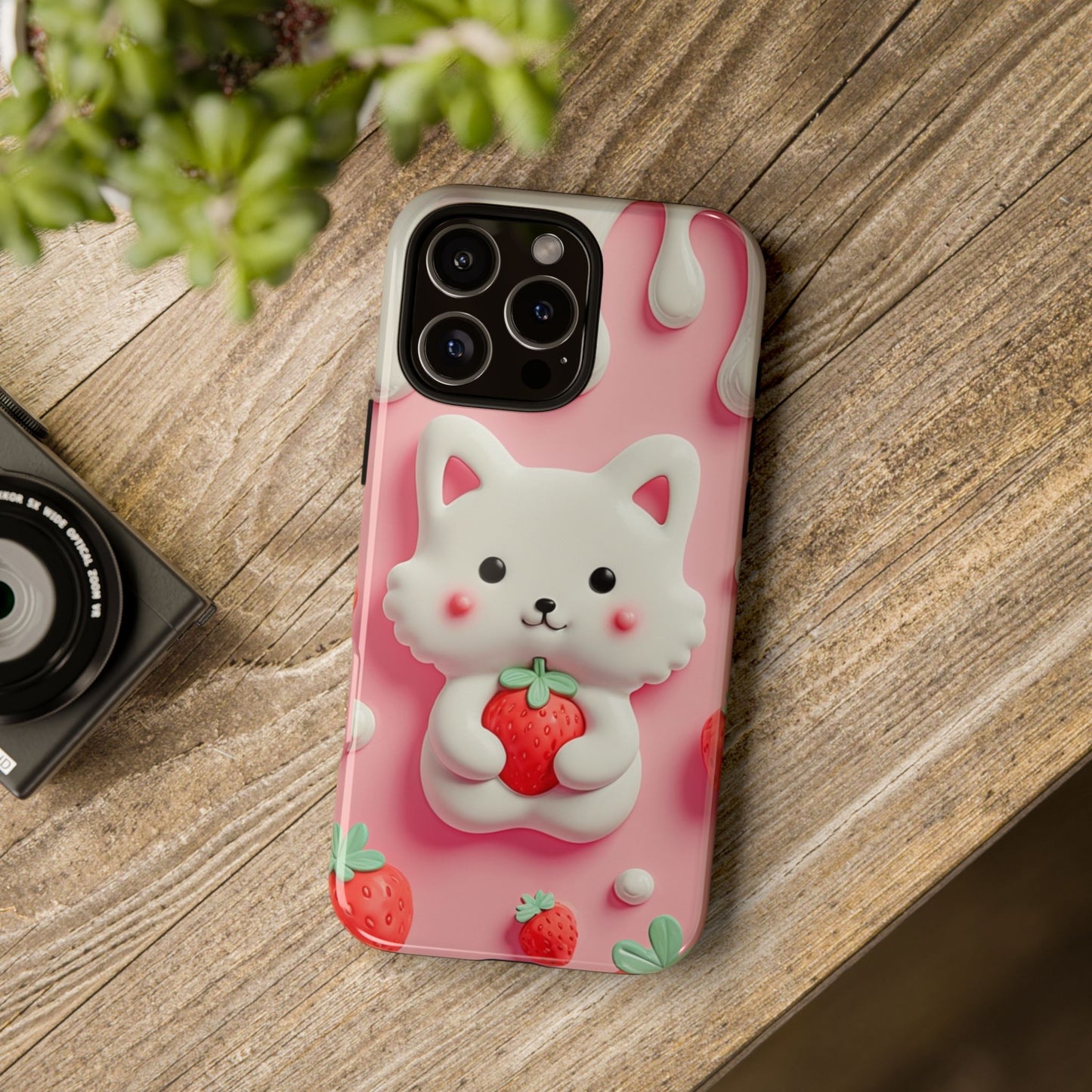 Adorable Cat Phone Case – Pink with Strawberry Design