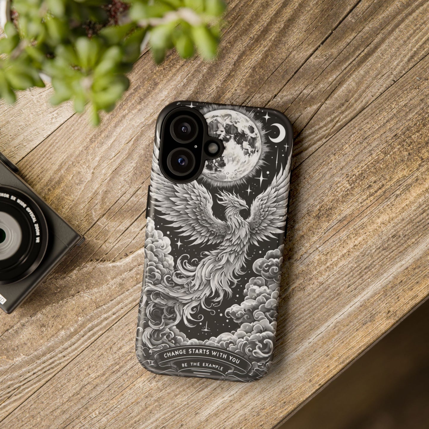 Phoenix Art iPhone Case – 'Change Starts With You' – Black & White Design