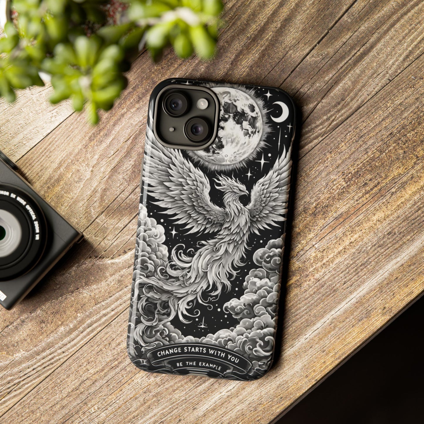 Phoenix Art iPhone Case – 'Change Starts With You' – Black & White Design
