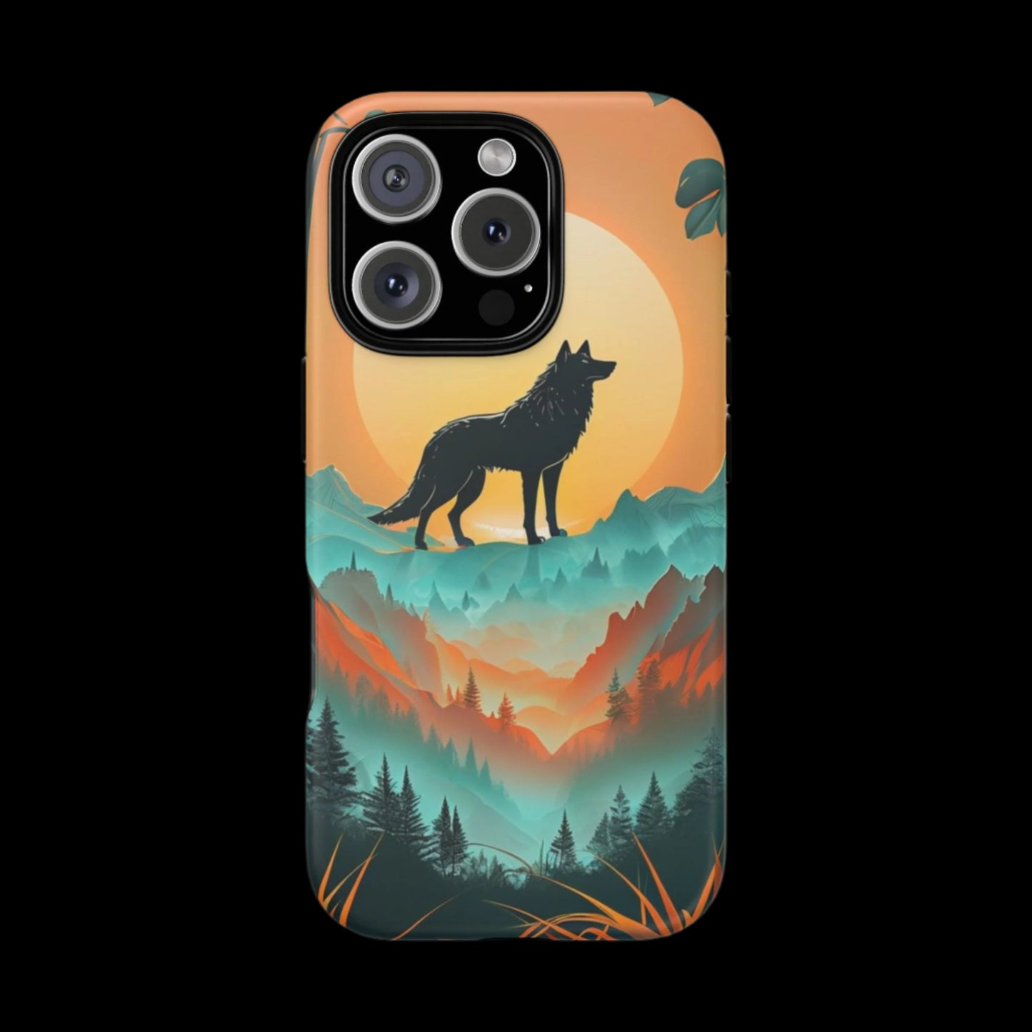 Phone Case Sunset Wolf Silhouette & Tropical Landscape – Artistic Protection