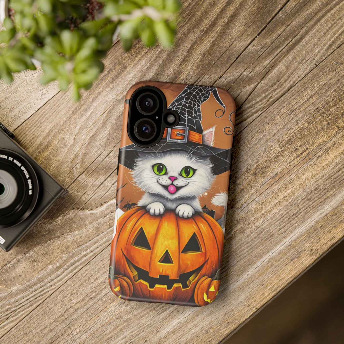 Halloween Cat Phone Case – Spooky Cute Cover with Witch Hat & Pumpkin Design