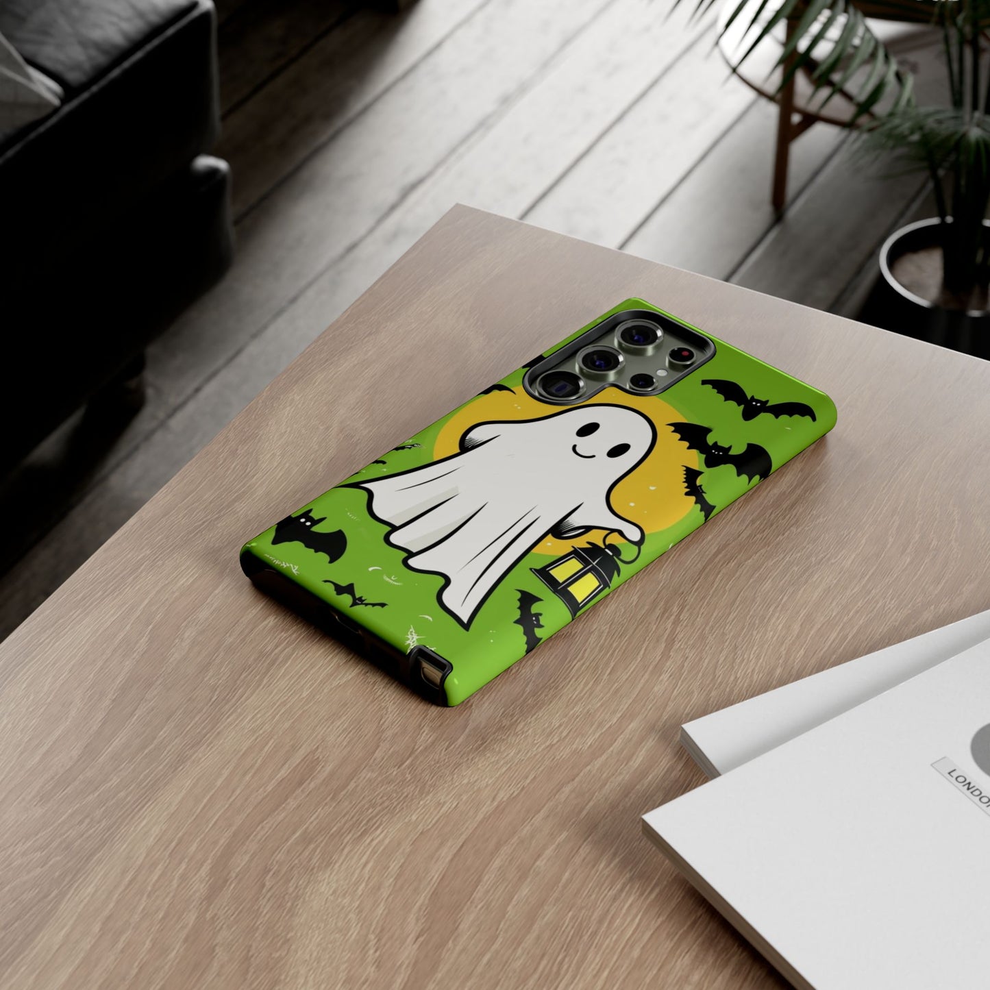Cute Halloween Ghost Phone Case with Bats and Lantern – Perfect for Spooky Season