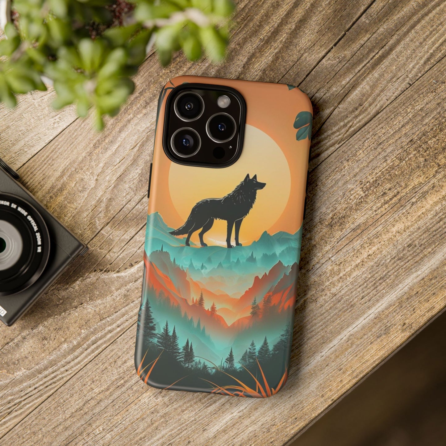 Phone Case Sunset Wolf Silhouette & Tropical Landscape – Artistic Protection
