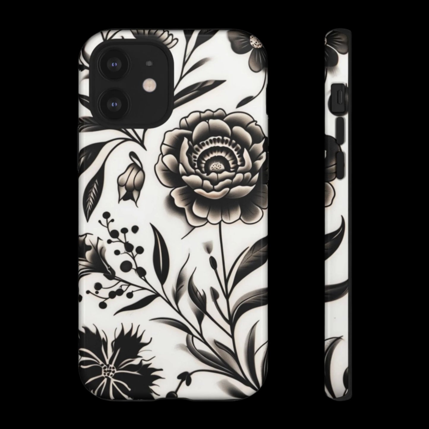 Phone Case Elegant Black and White Floral – Stylish Protection for iPhone 12/16 and Samsung 22/25