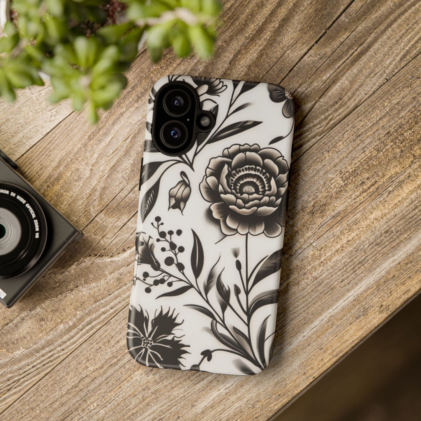 Phone Case Elegant Black and White Floral – Stylish Protection for iPhone 12/16 and Samsung 22/25