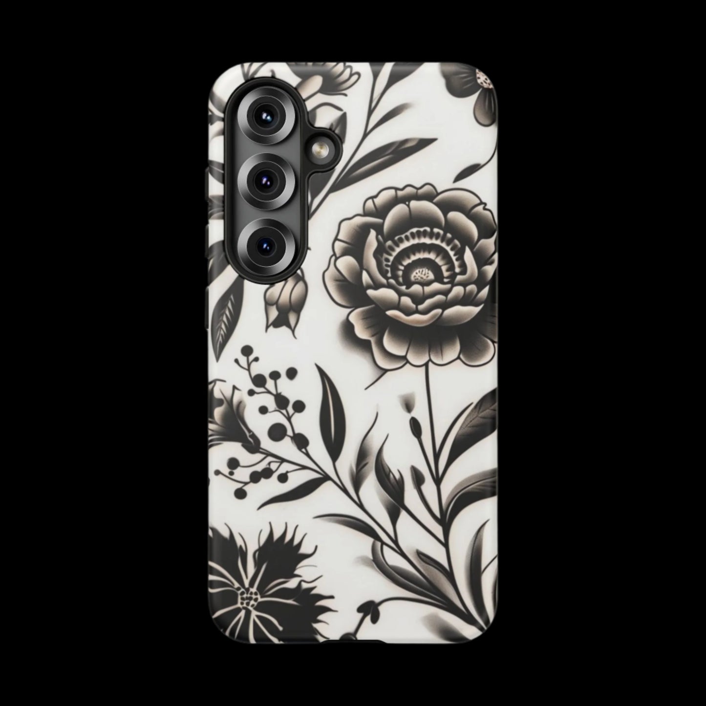Phone Case Elegant Black and White Floral – Stylish Protection for iPhone 12/16 and Samsung 22/25