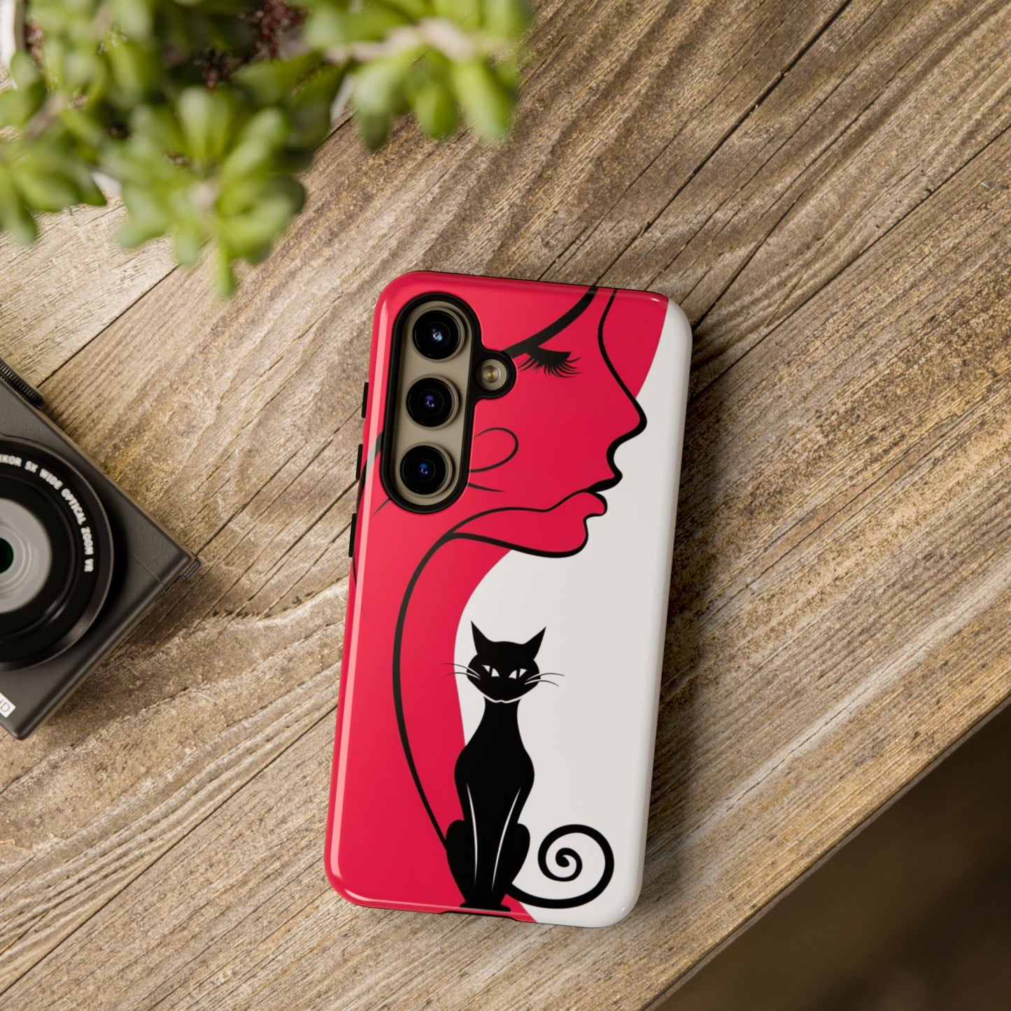 Phone Case with Artistic Woman & Black Cat Design – Stylish and Protective