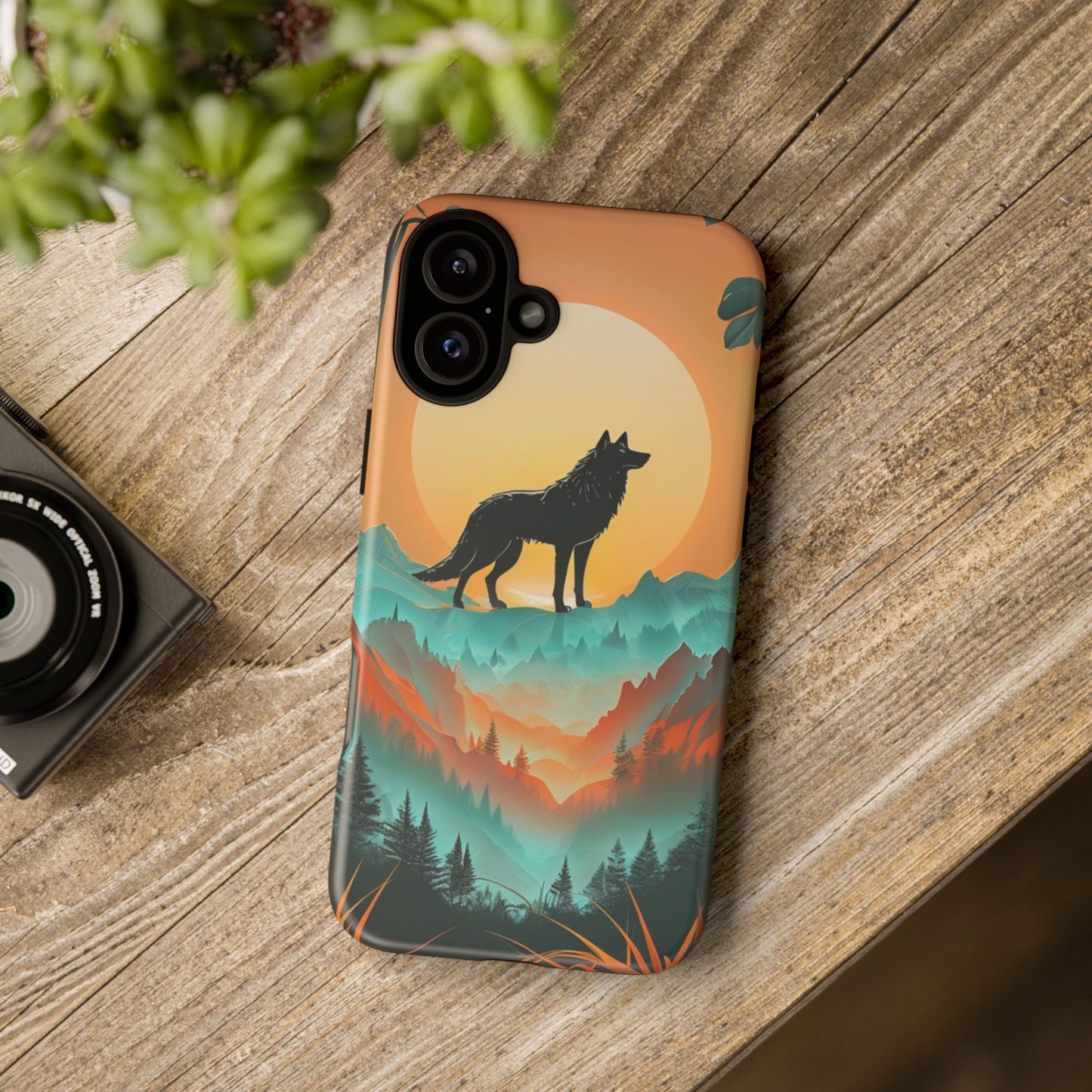 Phone Case Sunset Wolf Silhouette & Tropical Landscape – Artistic Protection