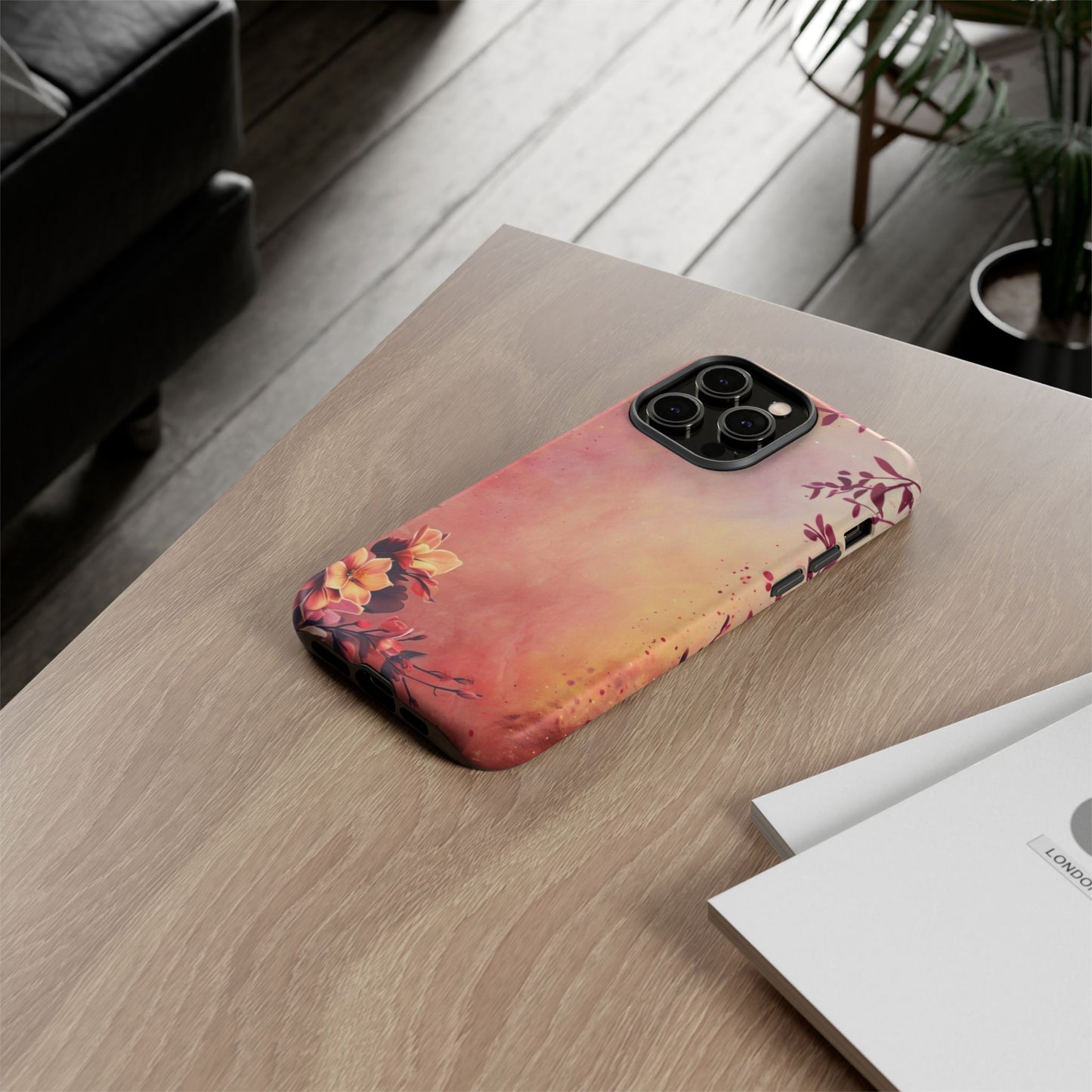 Watercolor Floral Phone Case - Pink Orange Gradient iPhone Cover - Botanical Art Protection