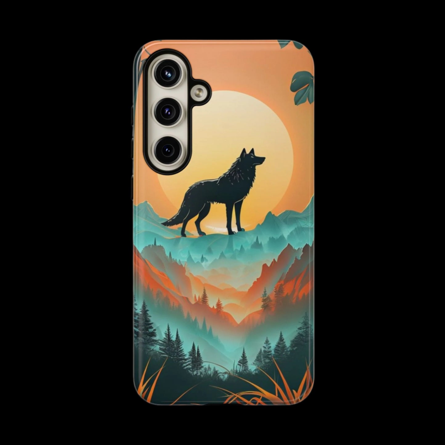 Phone Case Sunset Wolf Silhouette & Tropical Landscape – Artistic Protection
