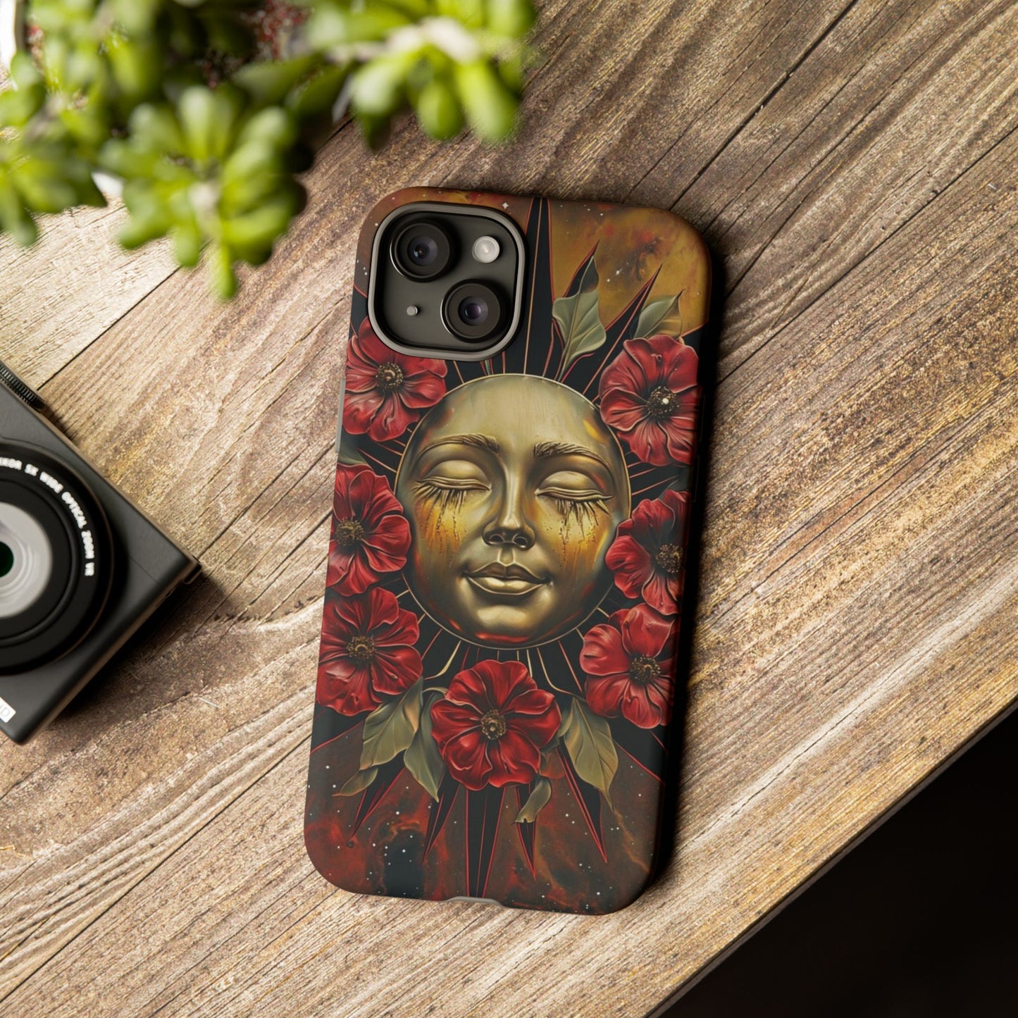 Phone Case Surreal Metallic Sun Face with Dark Red Flowers- Unique Modern Art Design