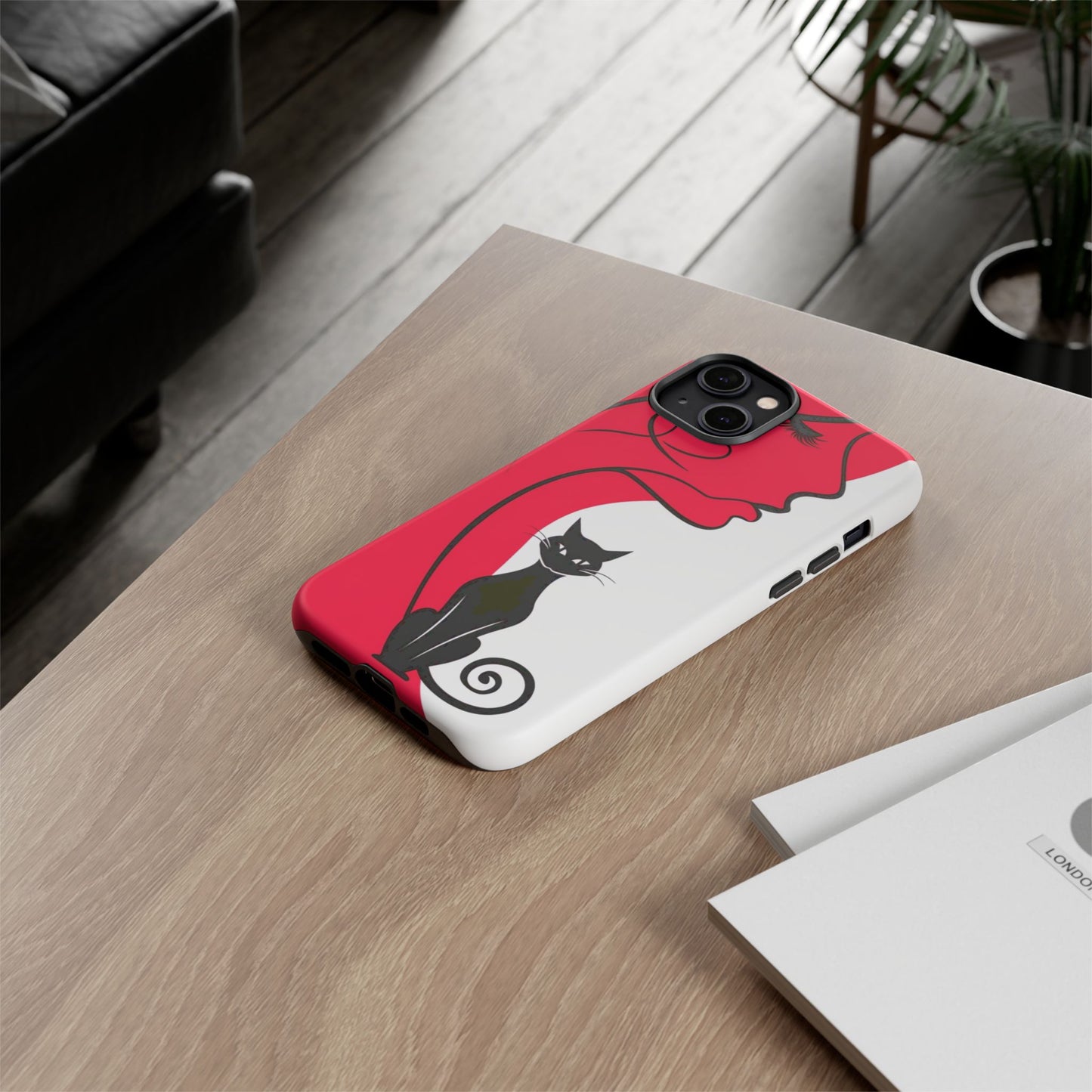 Phone Case with Artistic Woman & Black Cat Design – Stylish and Protective