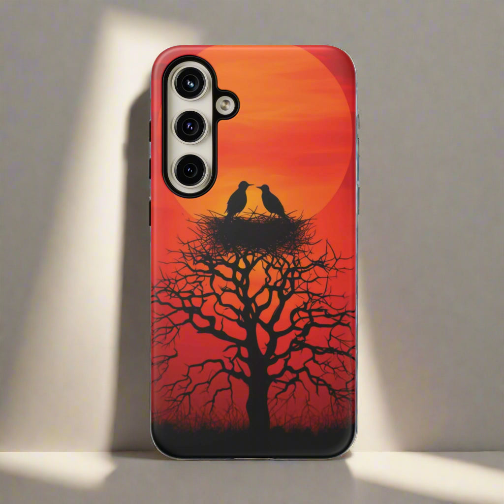 Phone Case Two Birds on a Nest - Red Sunset Background - Nature Wall Art - Romantic Bird Scene
