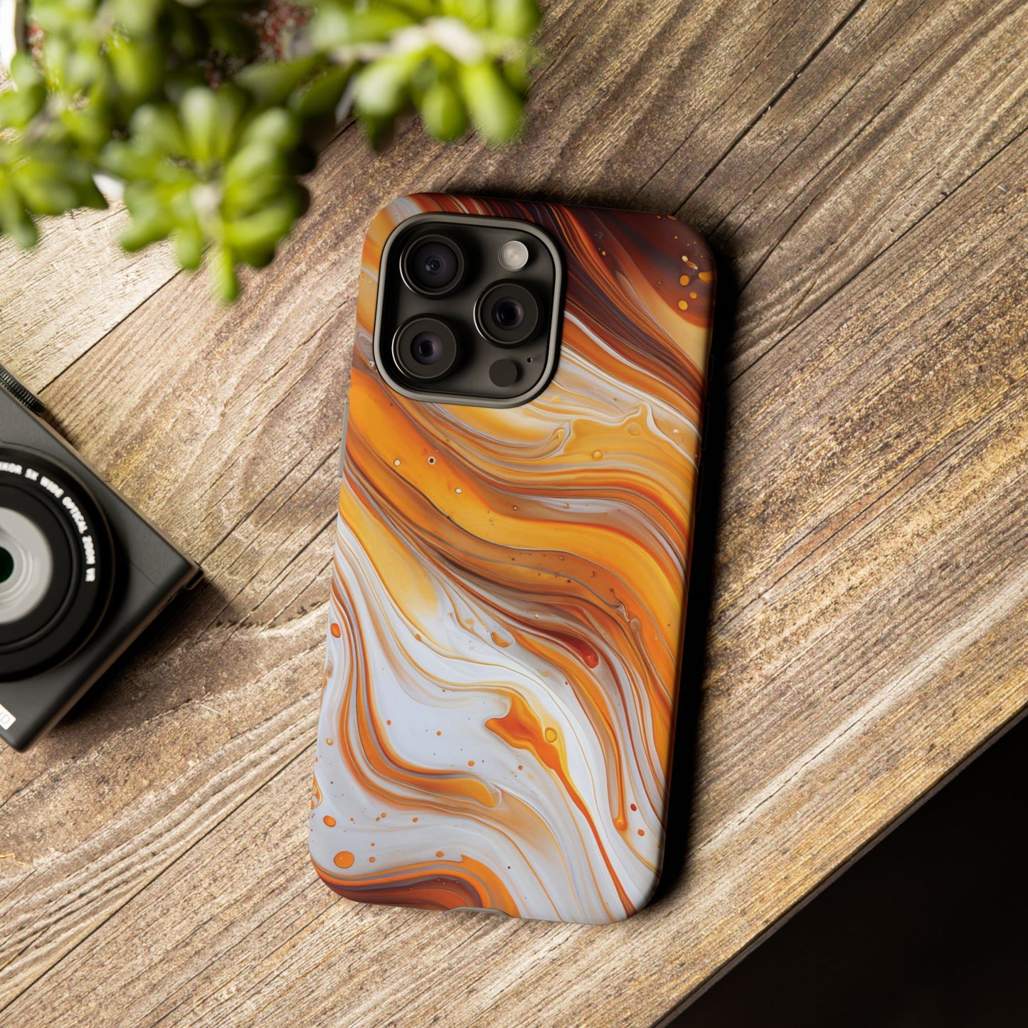Artistic Swirl Phone Case – Orange, White & Brown Marble Texture