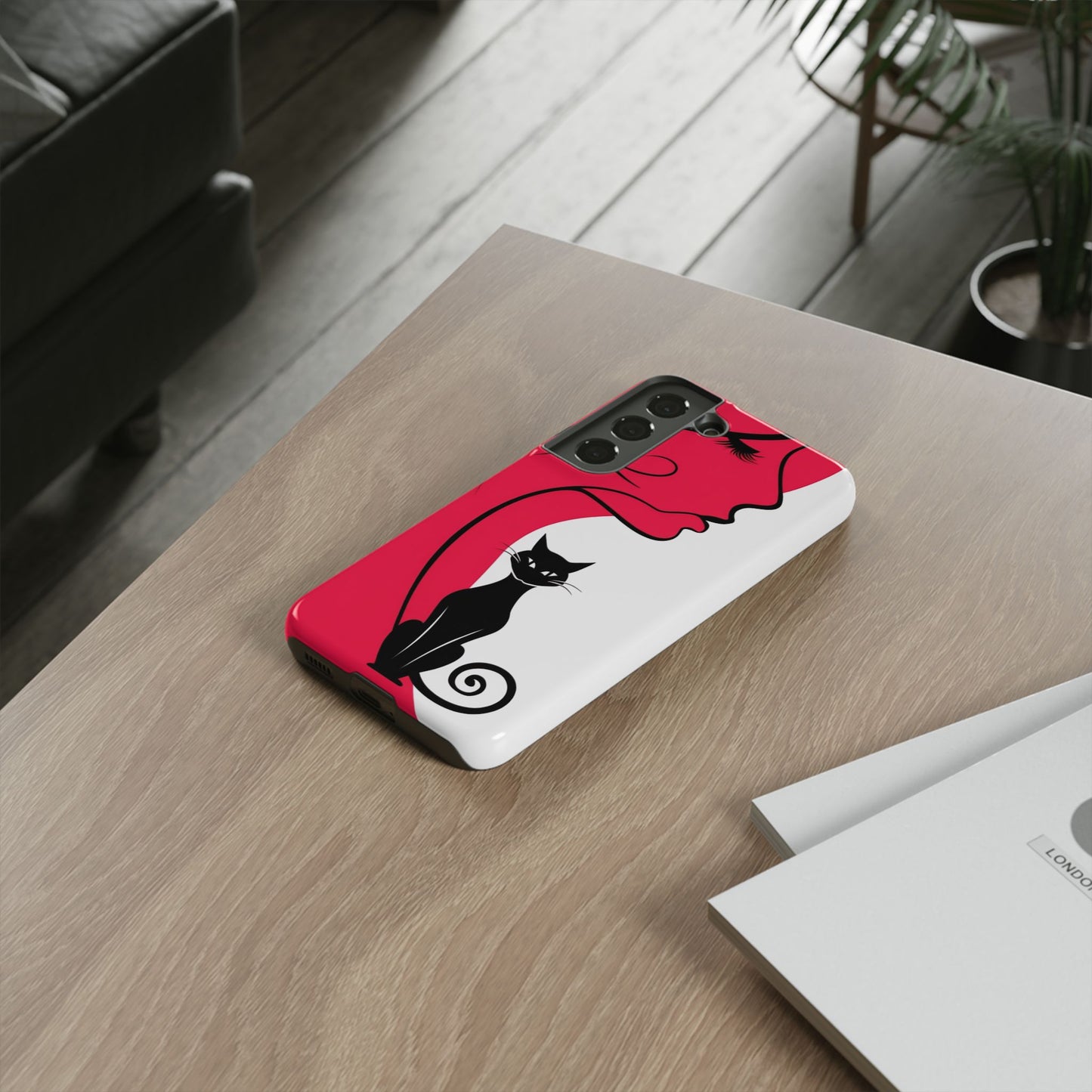 Phone Case with Artistic Woman & Black Cat Design – Stylish and Protective
