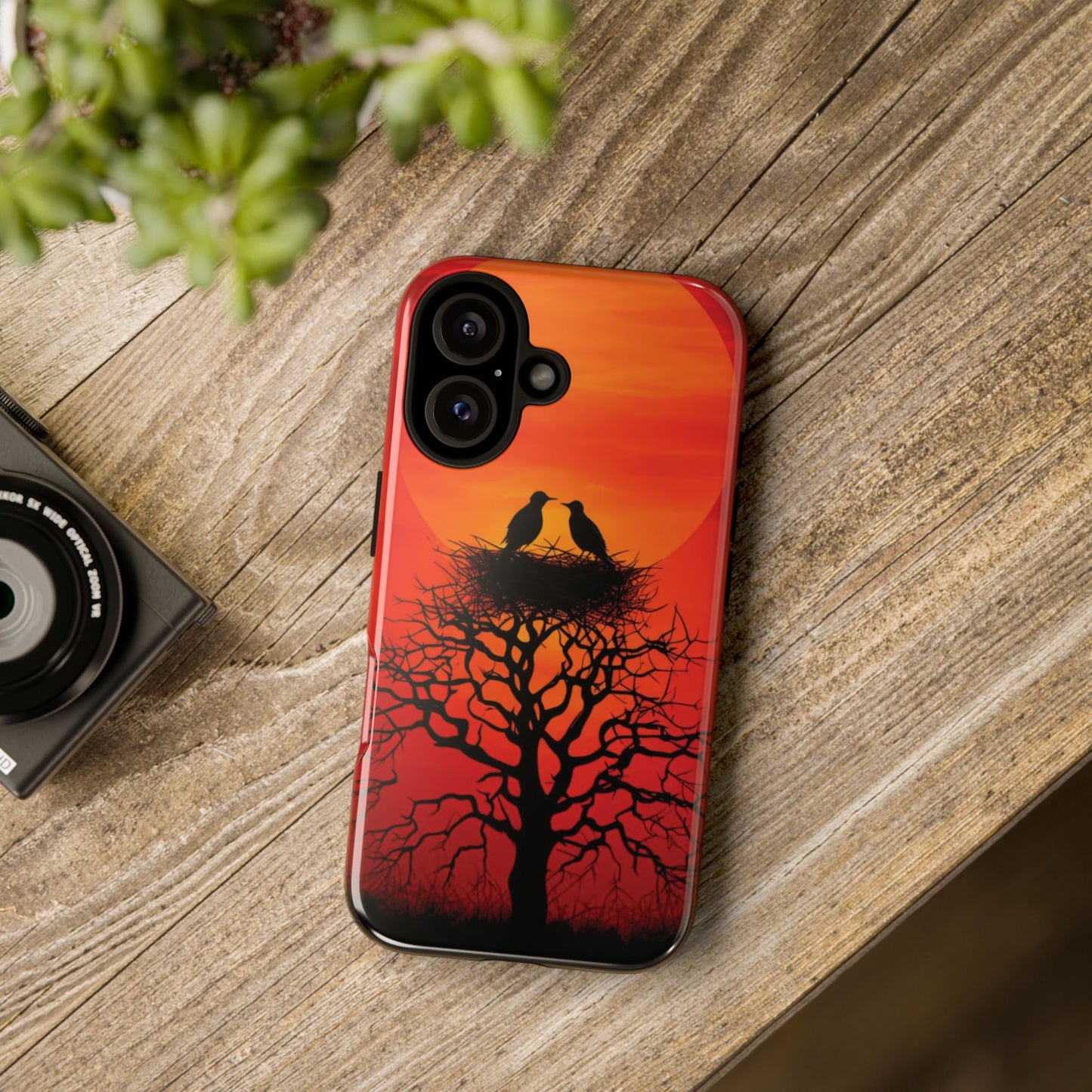 Phone Case Two Birds on a Nest - Red Sunset Background - Nature Wall Art - Romantic Bird Scene