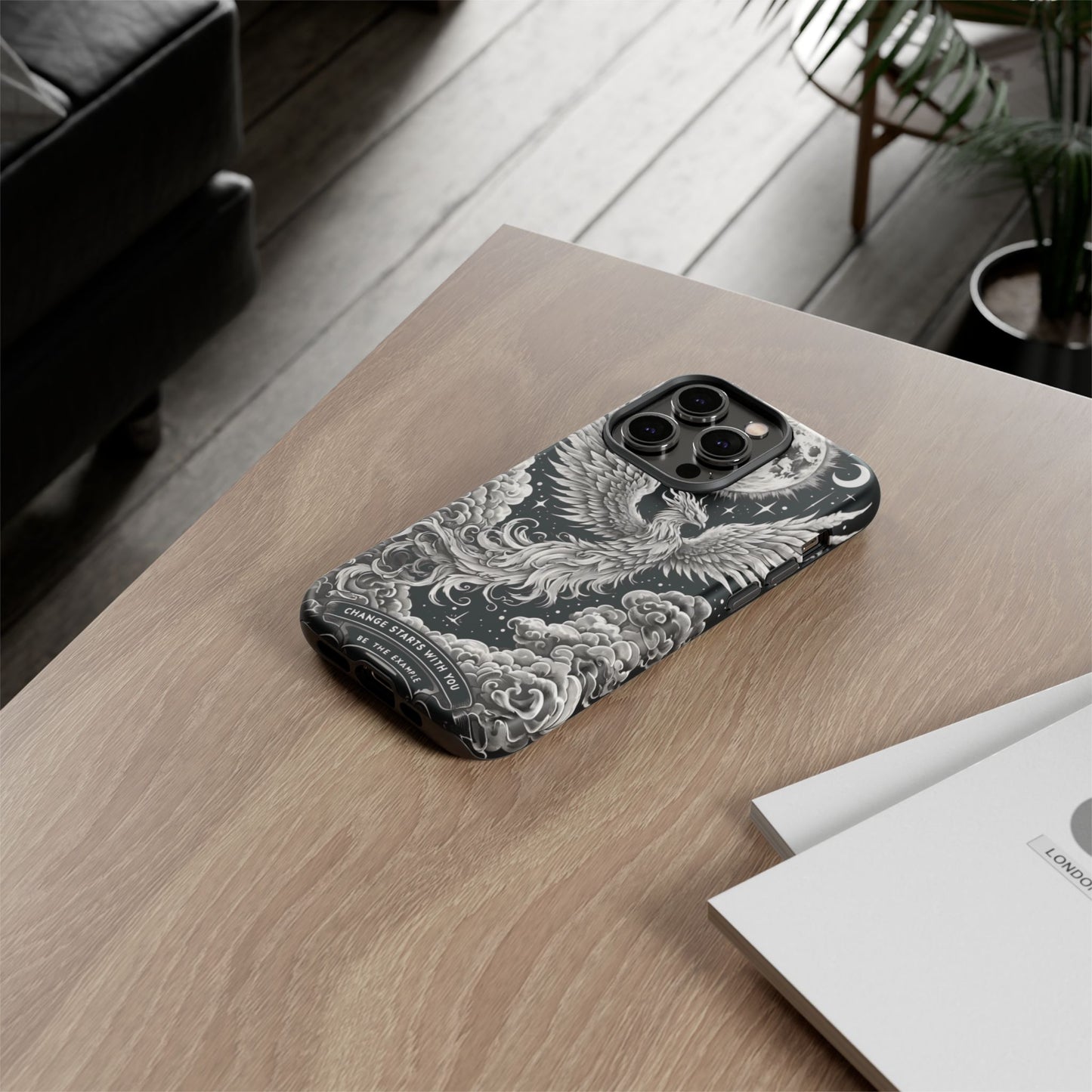 Phoenix Art iPhone Case – 'Change Starts With You' – Black & White Design