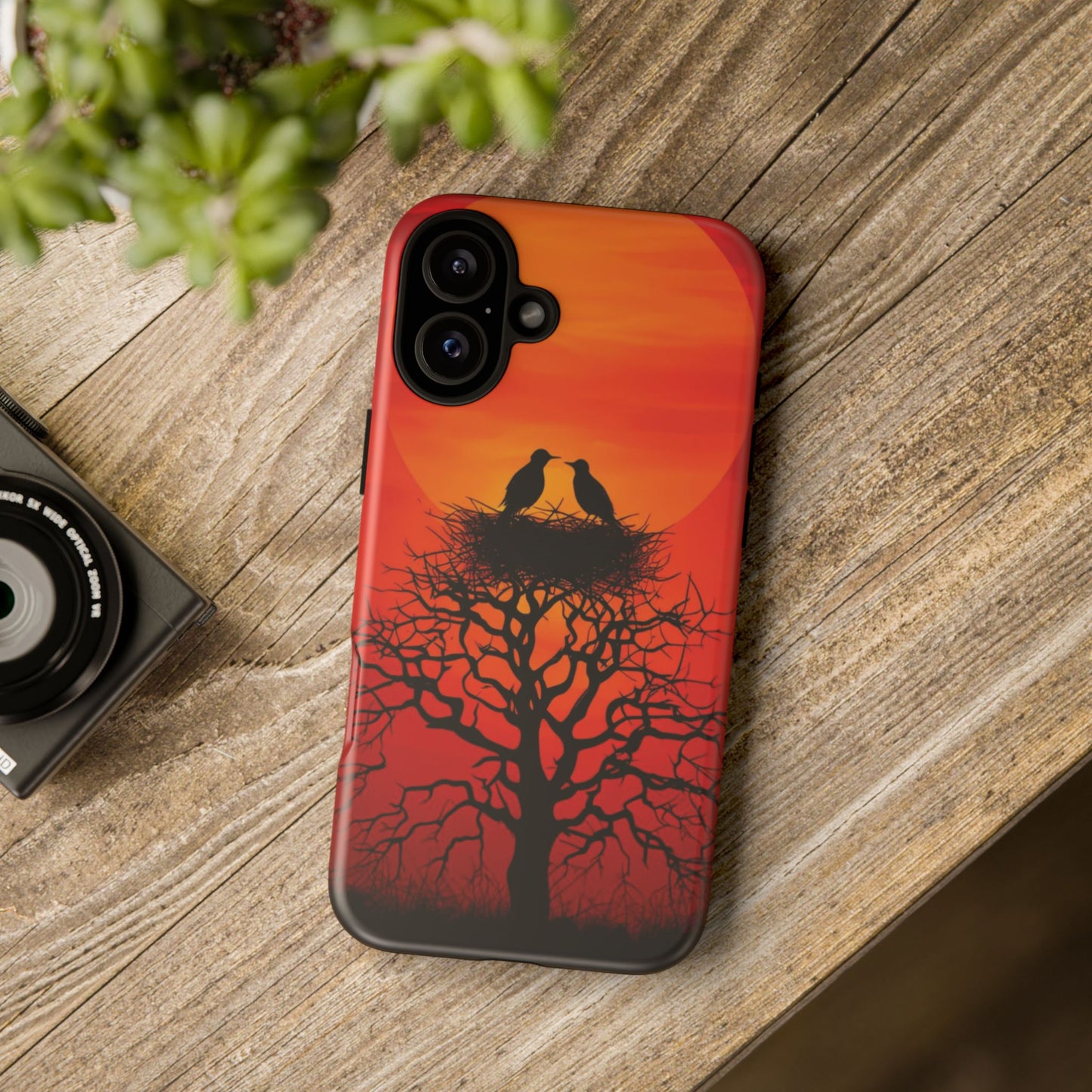 Phone Case Two Birds on a Nest - Red Sunset Background - Nature Wall Art - Romantic Bird Scene