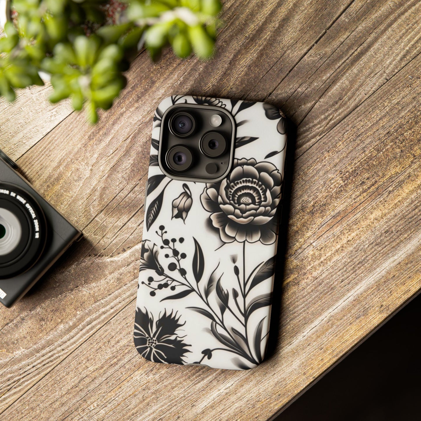 Phone Case Elegant Black and White Floral – Stylish Protection for iPhone 12/16 and Samsung 22/25