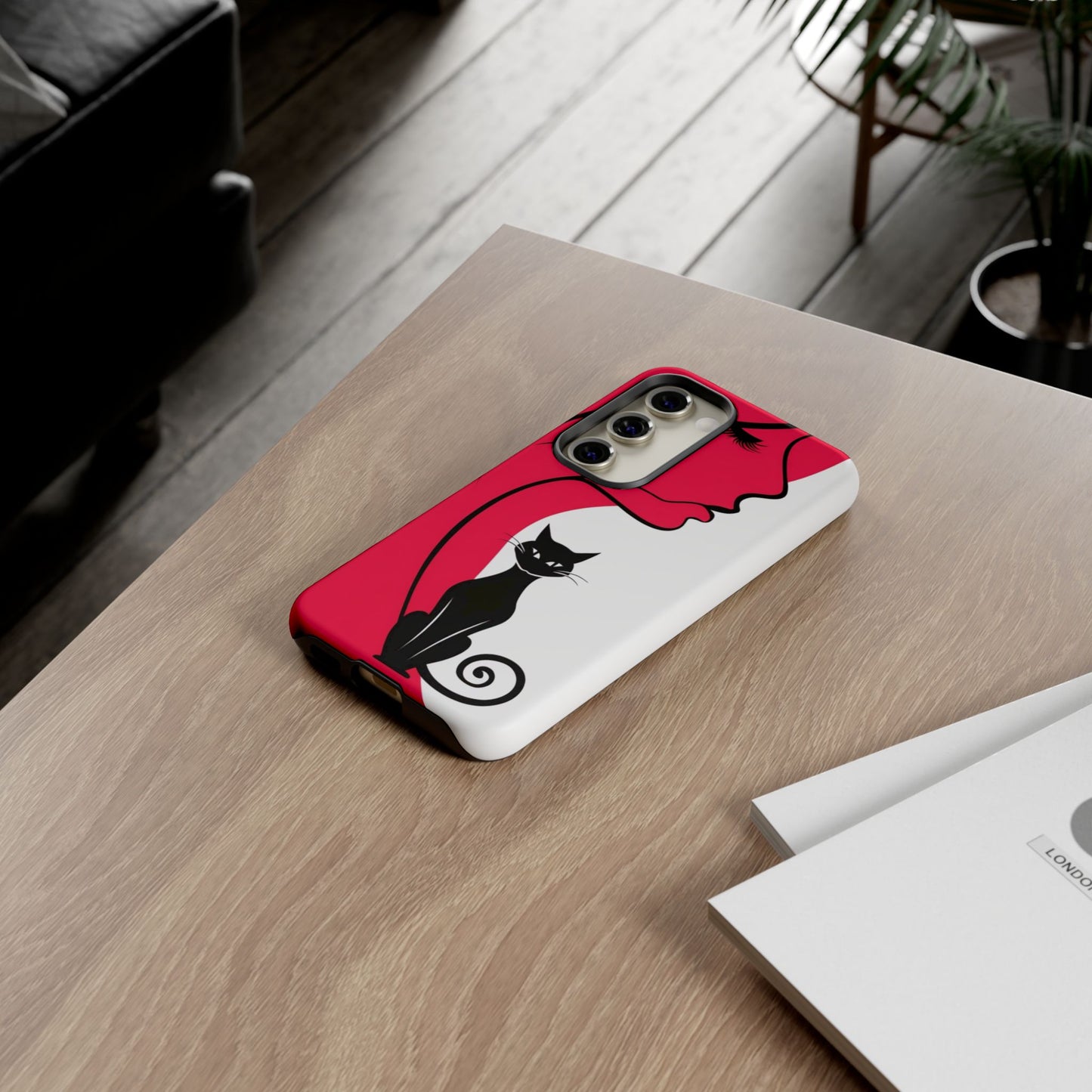 Phone Case with Artistic Woman & Black Cat Design – Stylish and Protective