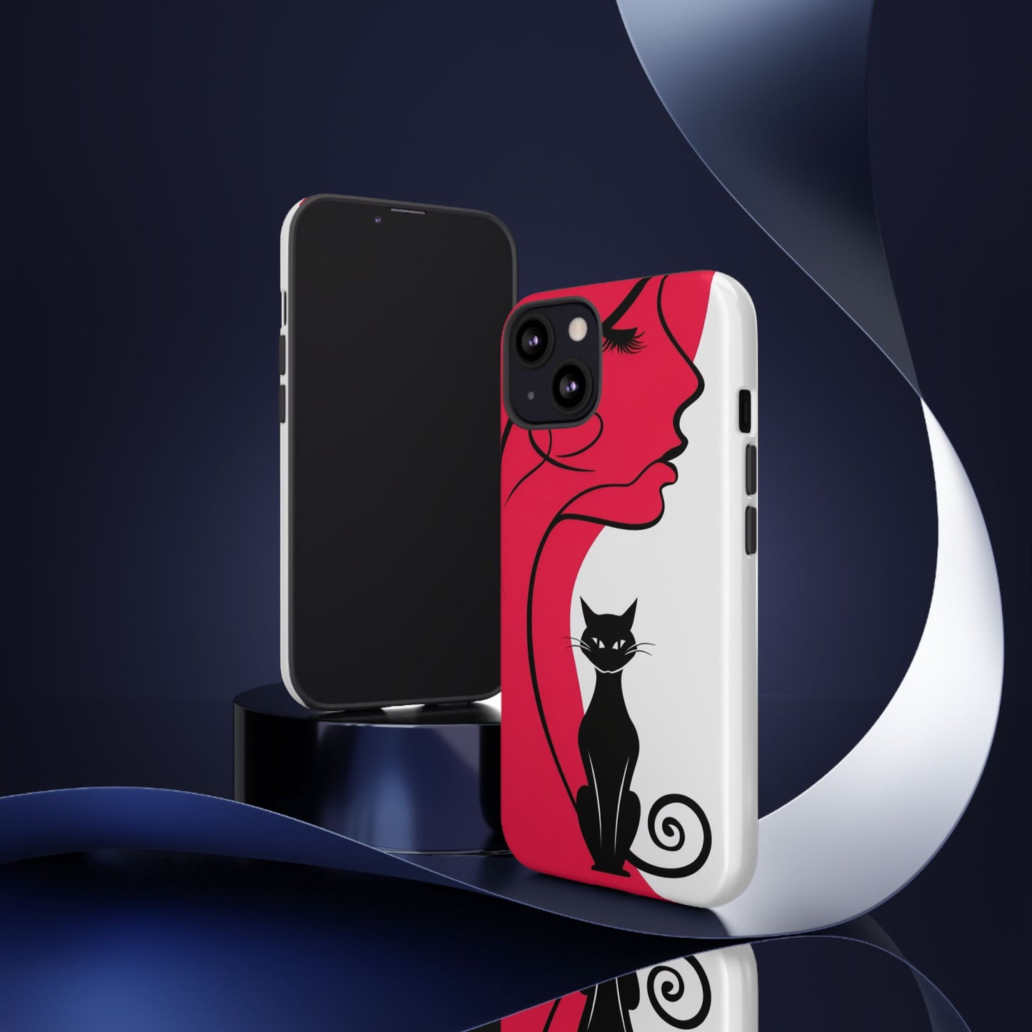 Phone Case with Artistic Woman & Black Cat Design – Stylish and Protective