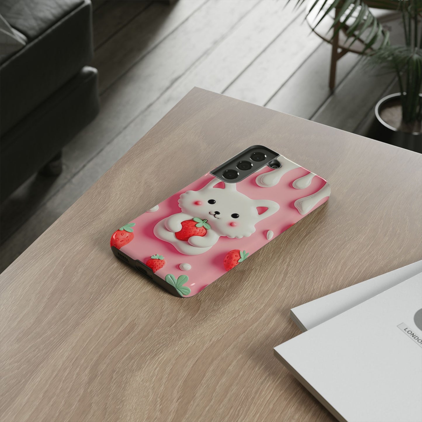 Adorable Cat Phone Case – Pink with Strawberry Design