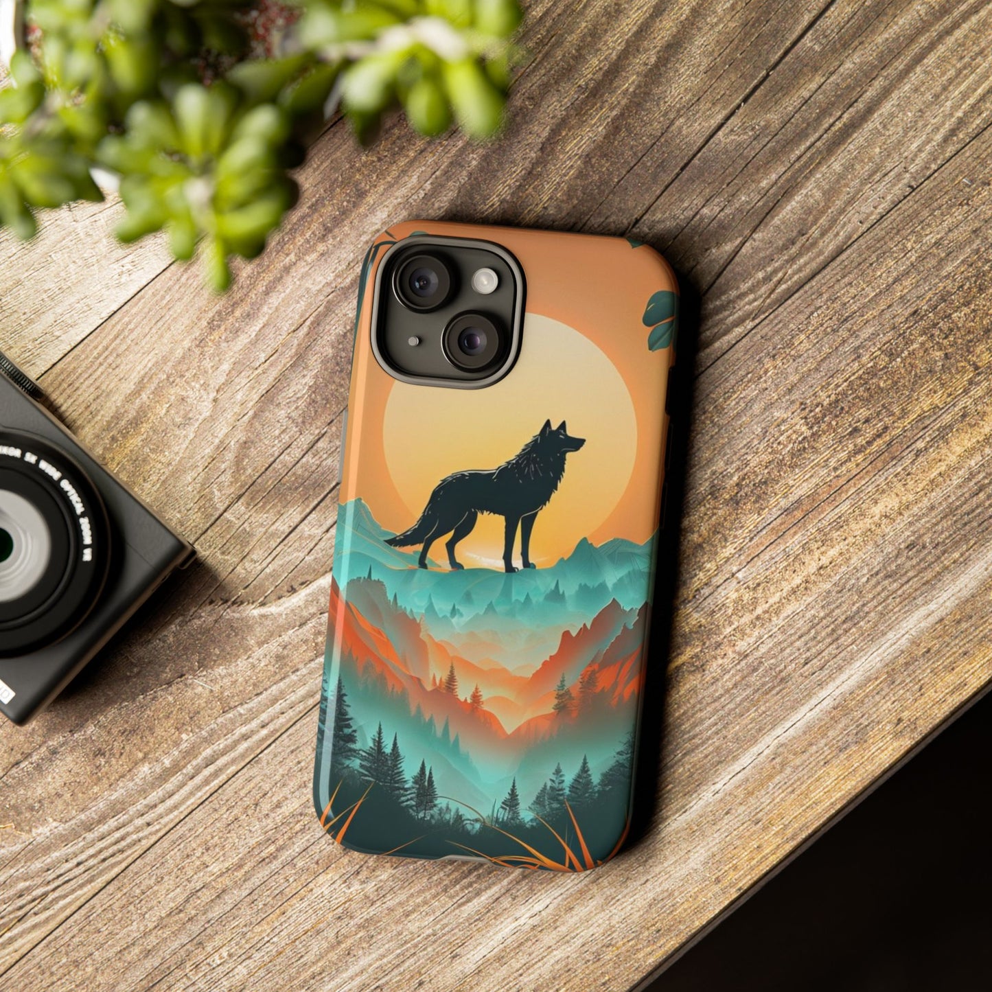 Phone Case Sunset Wolf Silhouette & Tropical Landscape – Artistic Protection