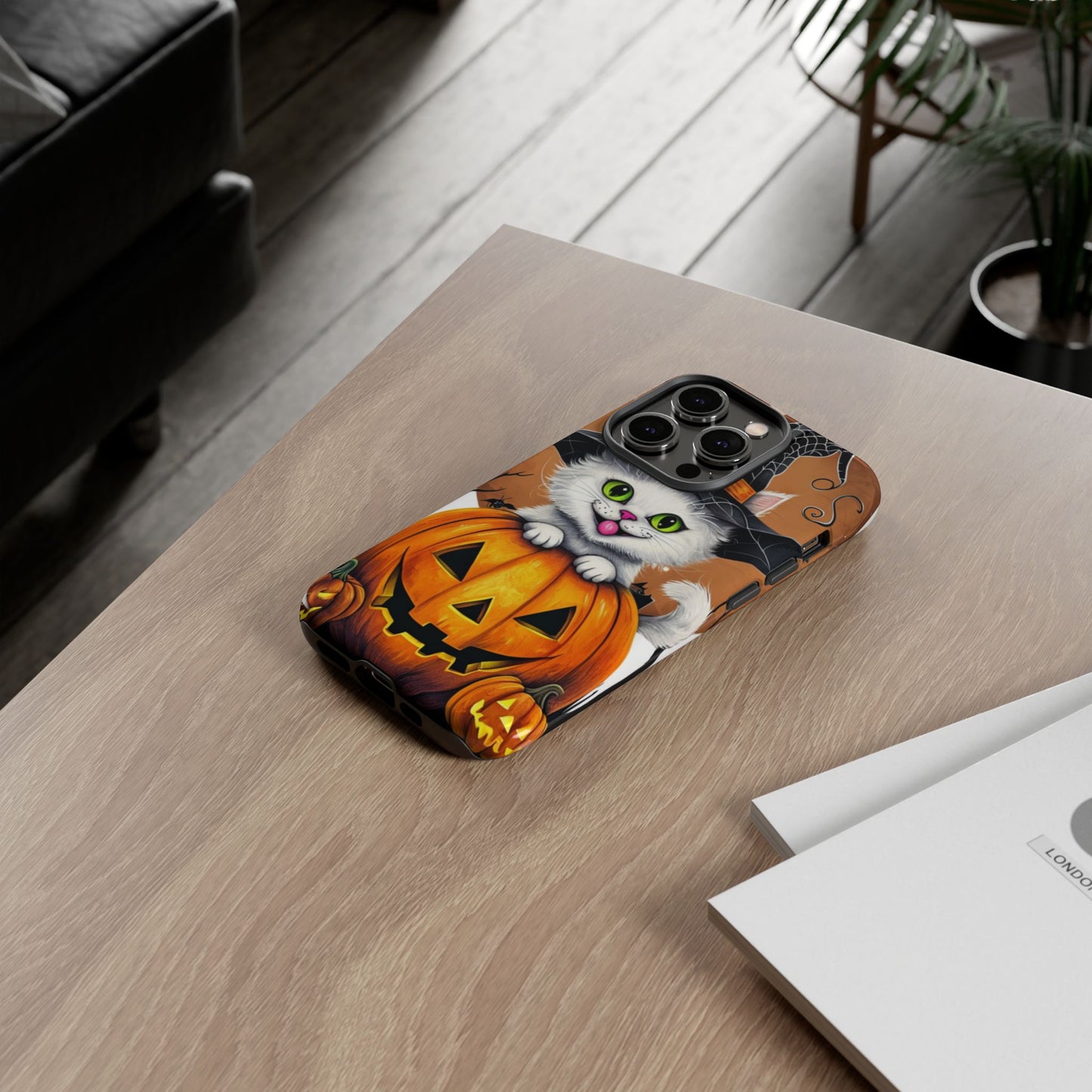 Halloween Cat Phone Case – Spooky Cute Cover with Witch Hat & Pumpkin Design