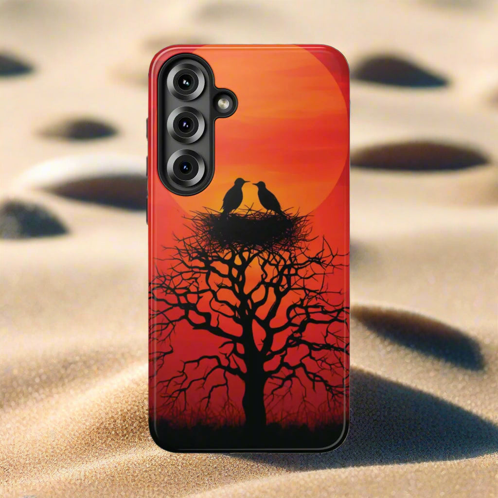 Phone Case Two Birds on a Nest - Red Sunset Background - Nature Wall Art - Romantic Bird Scene