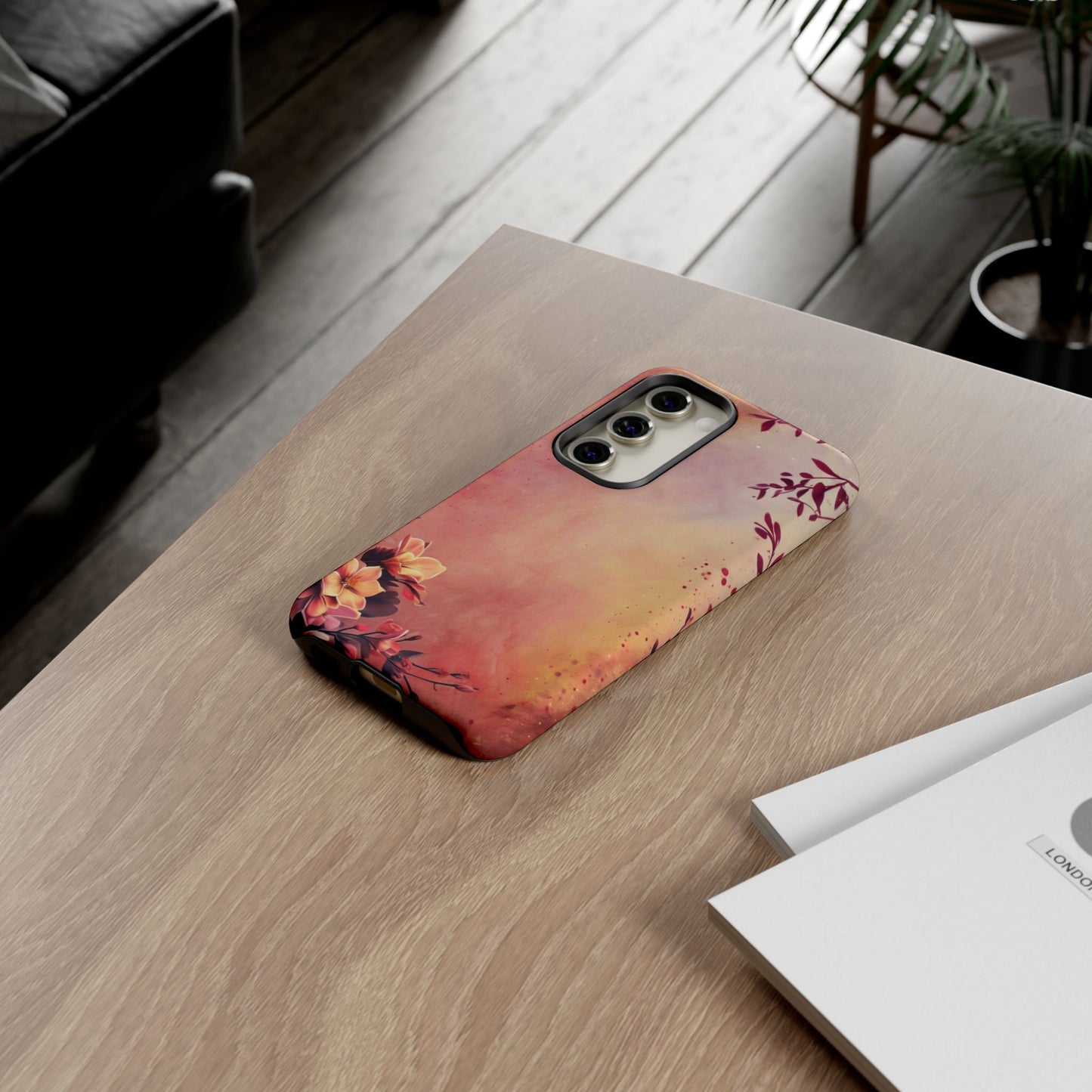 Watercolor Floral Phone Case - Pink Orange Gradient iPhone Cover - Botanical Art Protection