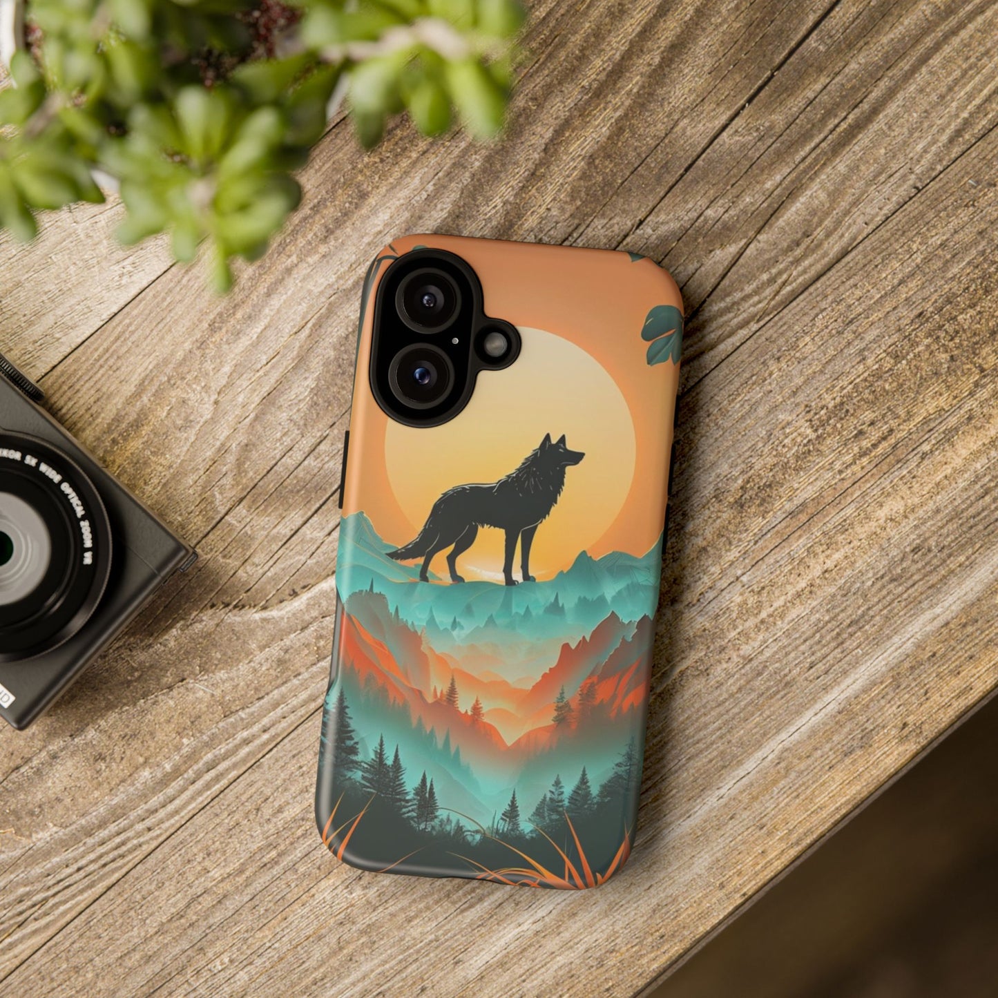 Phone Case Sunset Wolf Silhouette & Tropical Landscape – Artistic Protection