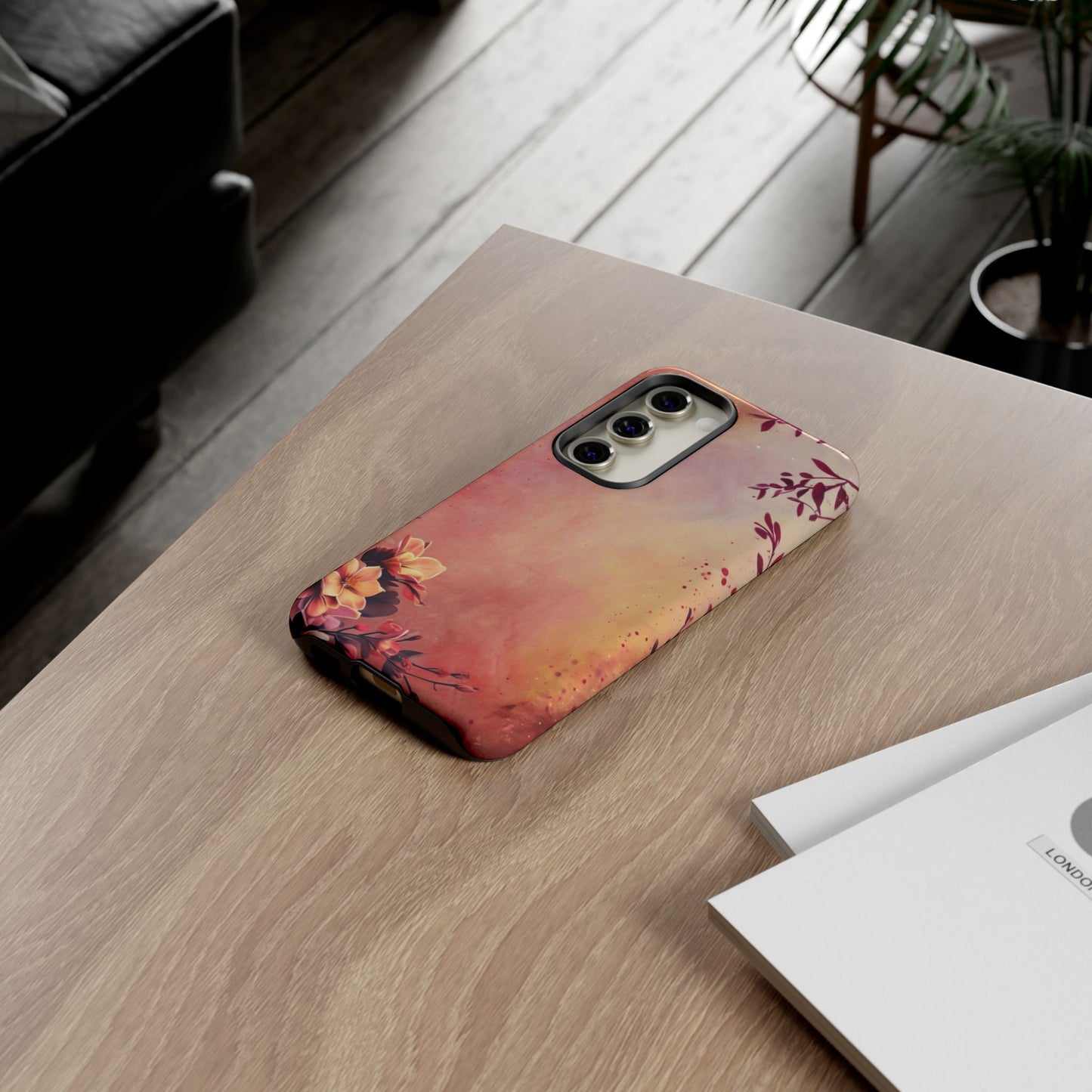 Watercolor Floral Phone Case - Pink Orange Gradient iPhone Cover - Botanical Art Protection