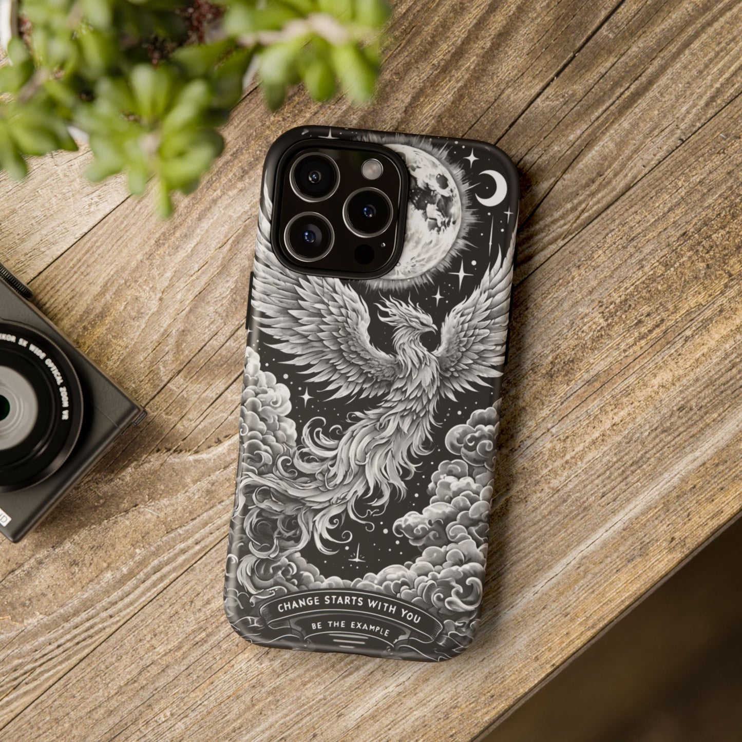 Phoenix Art iPhone Case – 'Change Starts With You' – Black & White Design