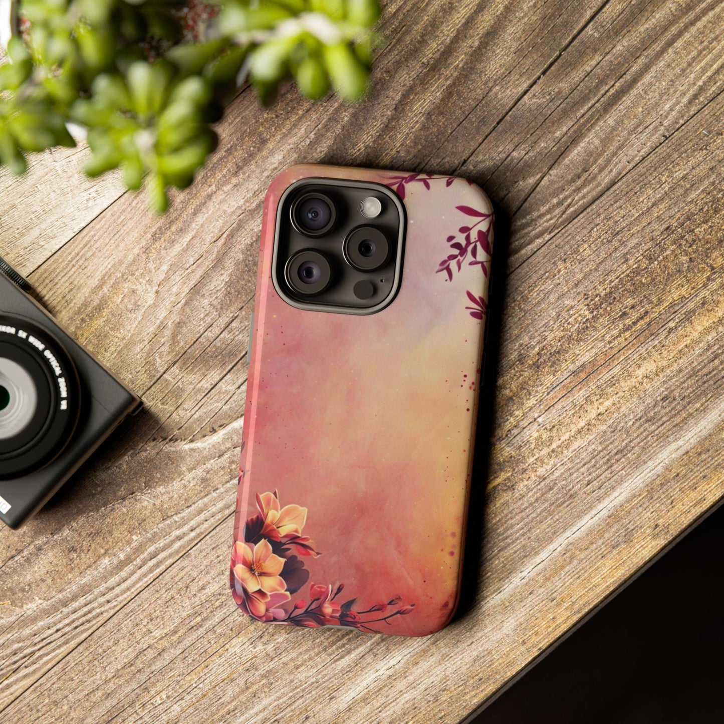 Watercolor Floral Phone Case - Pink Orange Gradient iPhone Cover - Botanical Art Protection