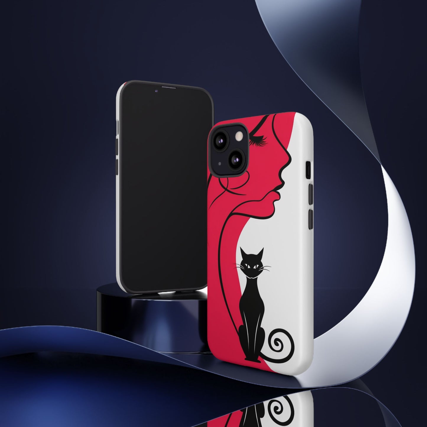 Phone Case with Artistic Woman & Black Cat Design – Stylish and Protective