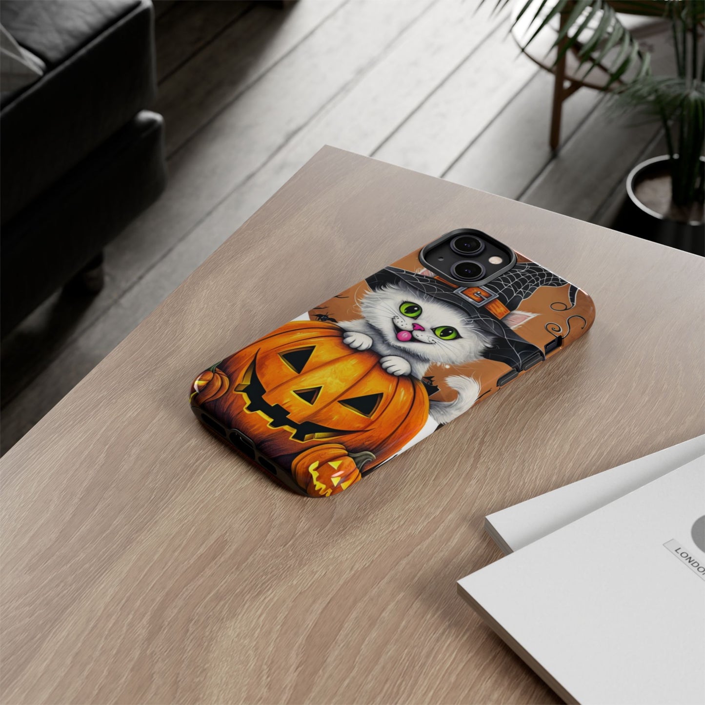 Halloween Cat Phone Case – Spooky Cute Cover with Witch Hat & Pumpkin Design