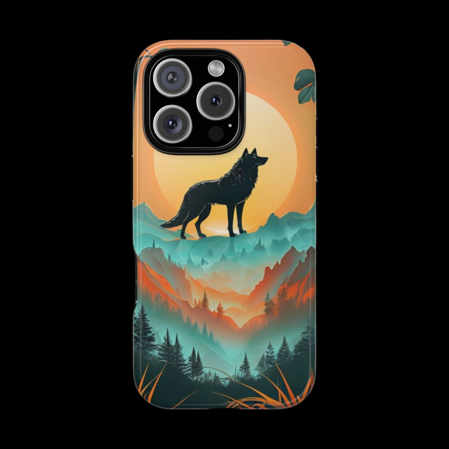 Phone Case Sunset Wolf Silhouette & Tropical Landscape – Artistic Protection