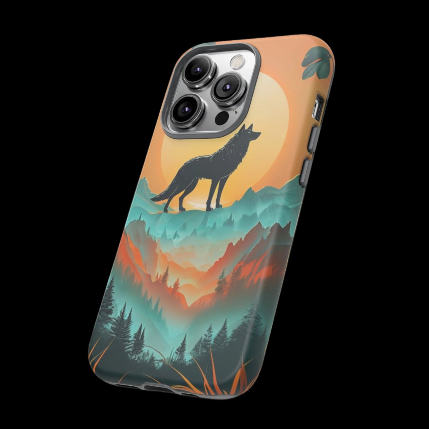 Phone Case Sunset Wolf Silhouette & Tropical Landscape – Artistic Protection