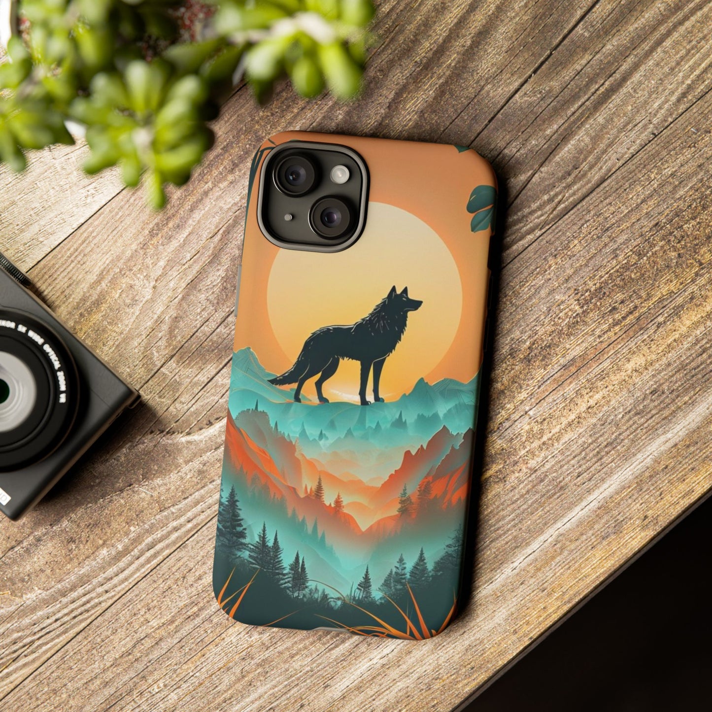 Phone Case Sunset Wolf Silhouette & Tropical Landscape – Artistic Protection