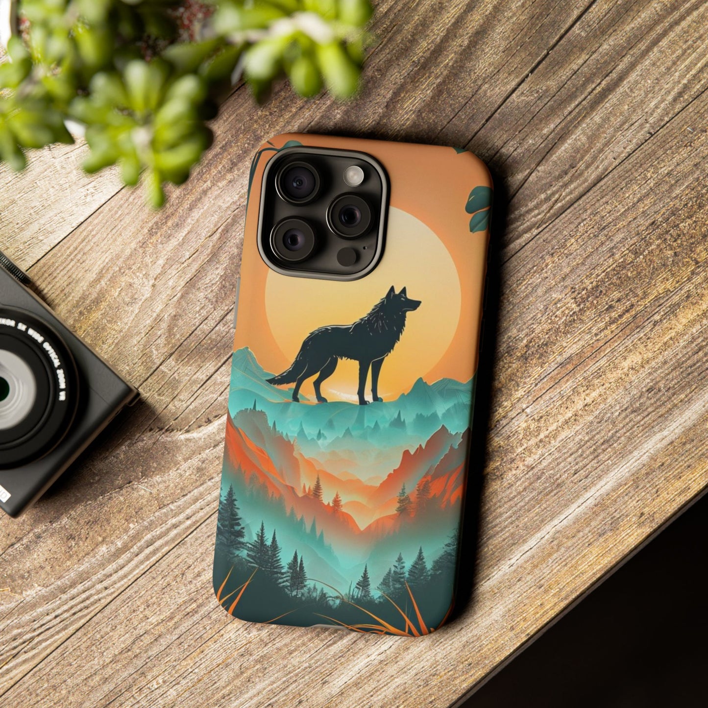 Phone Case Sunset Wolf Silhouette & Tropical Landscape – Artistic Protection