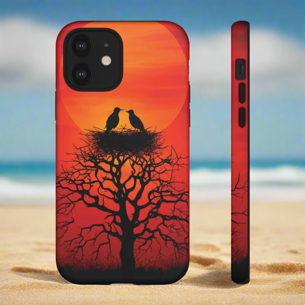 Phone Case Two Birds on a Nest - Red Sunset Background - Nature Wall Art - Romantic Bird Scene