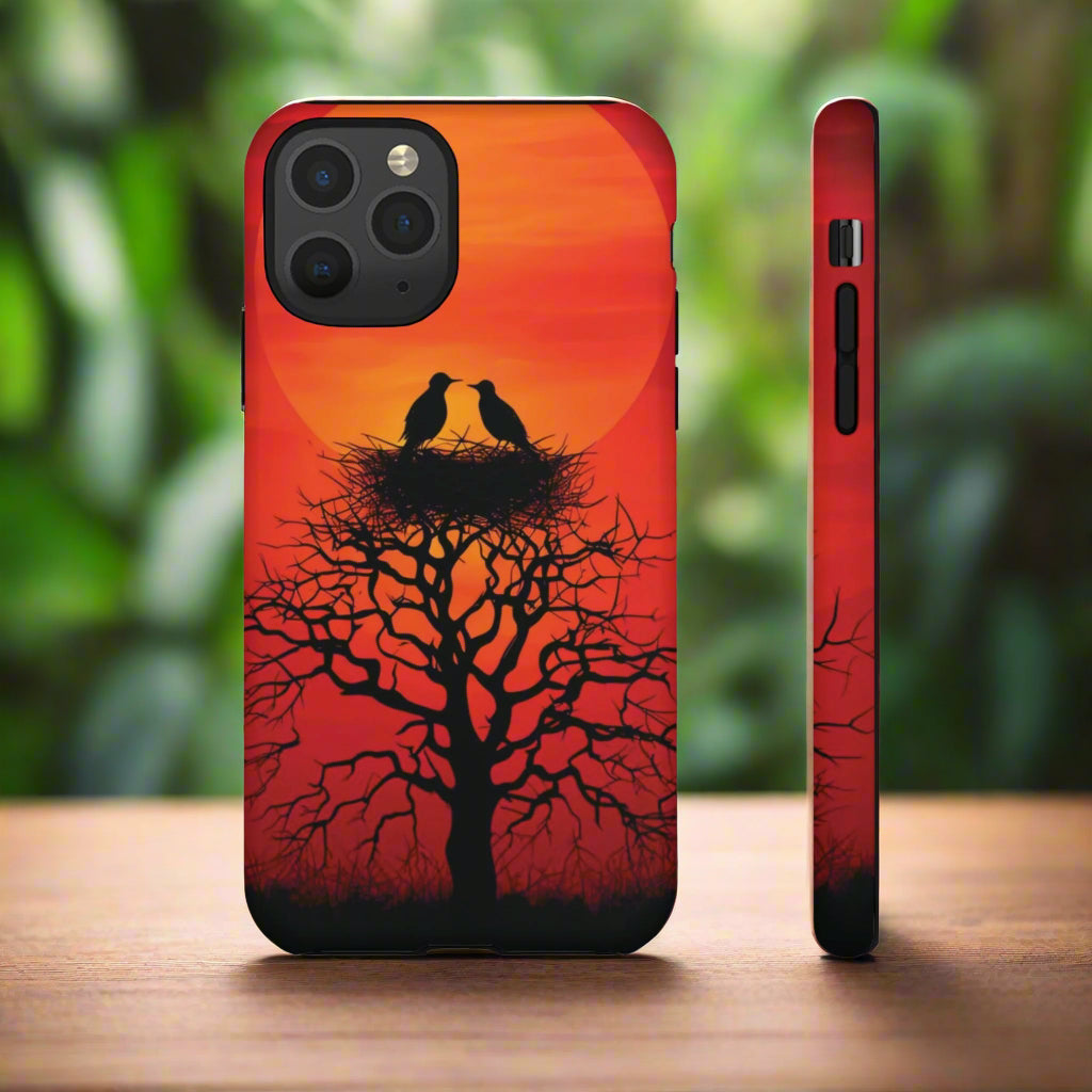 Phone Case Two Birds on a Nest - Red Sunset Background - Nature Wall Art - Romantic Bird Scene