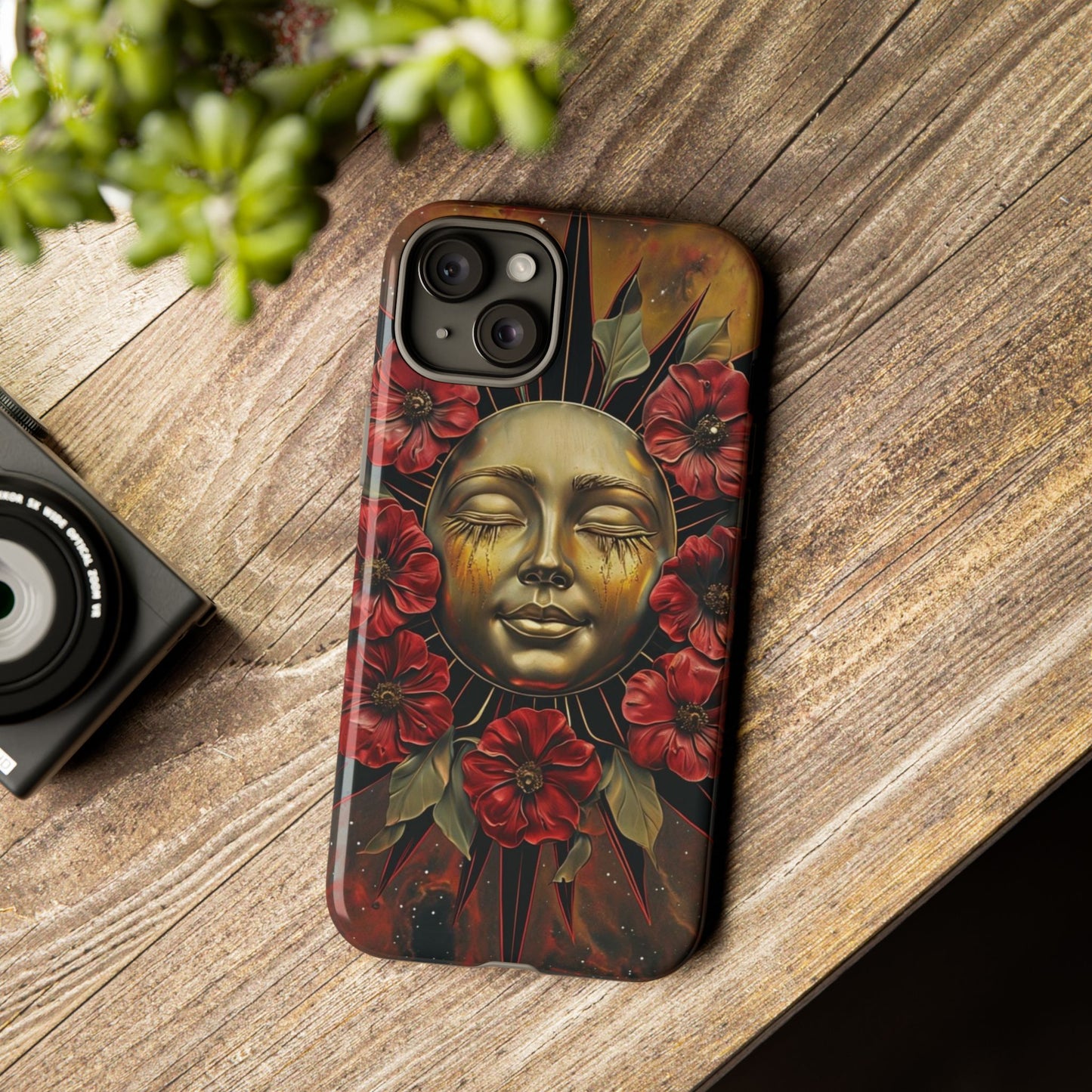 Phone Case Surreal Metallic Sun Face with Dark Red Flowers- Unique Modern Art Design