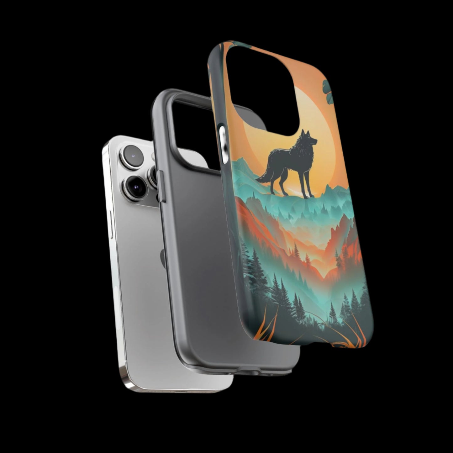Phone Case Sunset Wolf Silhouette & Tropical Landscape – Artistic Protection