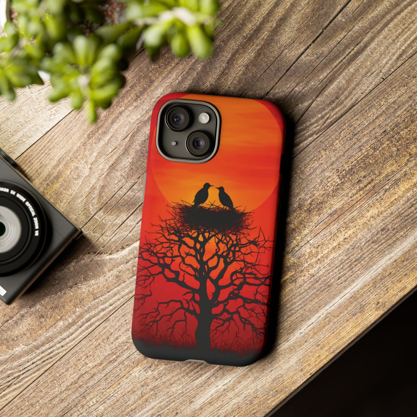 Phone Case Two Birds on a Nest - Red Sunset Background - Nature Wall Art - Romantic Bird Scene