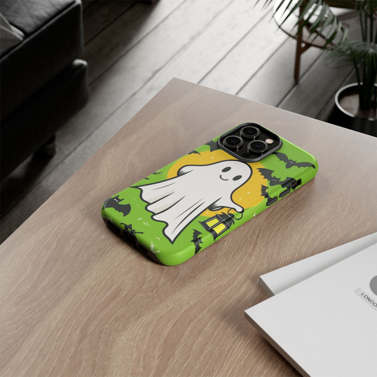 Cute Halloween Ghost Phone Case with Bats and Lantern – Perfect for Spooky Season